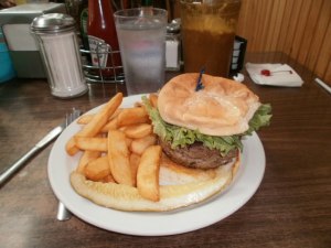 The "Jumbo Burger" and  chocolate milkshake from the Cooperstown Diner. I got a chocolate shake for old times' sake even though now I prefer vanilla when drinking one with a meal.